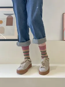 Korean style fuzzy striped women socks, soft plush winter warm mid-calf casual socks.
