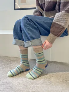 Cozy Korean style fluffy striped winter socks detail view, warm fuzzy knit mid-tube women socks.