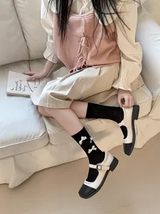 Cute Lolita bow mid-calf socks for women, sweet Japanese style black hosiery, daily fashion wear.