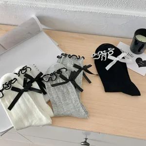 Lolita style women socks with sweet bow and ruffle edge, thin vertical striped cotton hosiery.