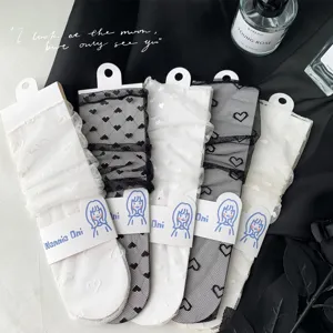 Calze a Metà Polpaccio Donna Dolce Pizzo Rete Motivo Cuore Trasparente Traspirante Casual