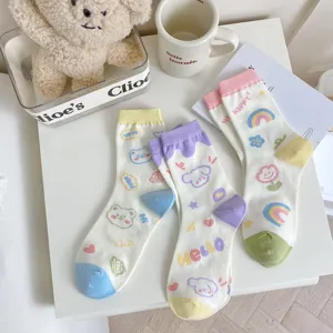 Cute cartoon rabbit jacquard mid-tube socks, pastel cream style, soft breathable cotton sock