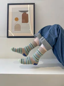 Retro fuzzy striped mid-calf women socks, thick color-blocked warm autumn winter casual daily wear.