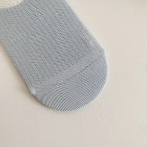 Detail view of women's thin cotton boat socks featuring stylish color-block ribbed design.
