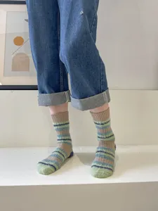 Fluffy striped warm mid-tube women socks, retro sweet style winter fashion casual knit cozy footwear.