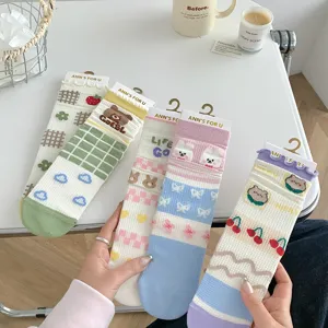 Cute cartoon print women's mid-tube mesh cotton socks, breathable sweet aesthetic style summer wear