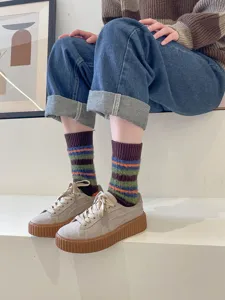Korean style fuzzy plush striped mid-tube women socks, warm autumn winter retro colorful knit socks.