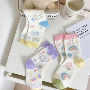 Cute cartoon cream color mid-calf socks for women sweet style breathable soft cotton socks