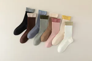 Women's mid-calf contrast double ribbed socks, stylish fake two-piece colorful daily wear.