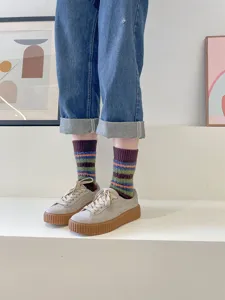 Korean style retro chunky striped fluffy mid-tube women socks for autumn winter warmth