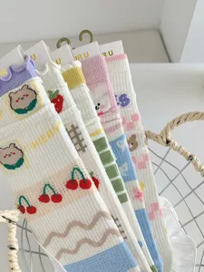 Cute women cotton mid-calf socks summer thin mesh breathable sweet cartoon style socks detail view.