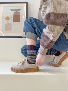 Cozy fuzzy striped mid-calf women socks retro winter warm hosiery sweet chunky knit socks
