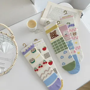 Cute women summer cotton mid-tube socks with sweet cartoon bear and strawberry patterns breathable