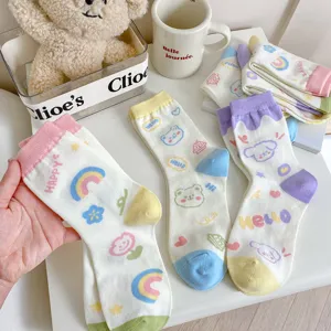 Cute cartoon cotton mid-calf socks for women featuring lovely bear and rainbow patterns.