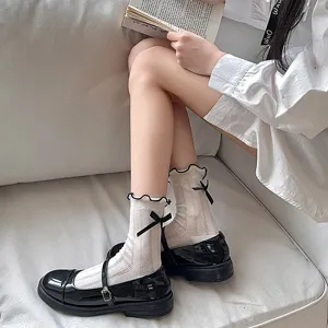 Women spring thin ruffles bow socks cute Lolita college style vertical stripes ankle hosiery