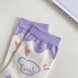 Cute cartoon jacquard mid-tube women socks, sweet style soft breathable cotton hosiery.