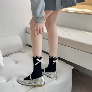Women Lolita ruffle bow mid-calf socks sweet preppy style vertical striped cotton socks