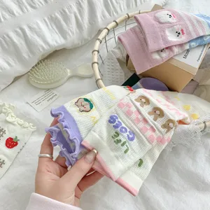 Cute women cartoon crew socks cotton ruffle trim summer breathable mesh thin casual socks