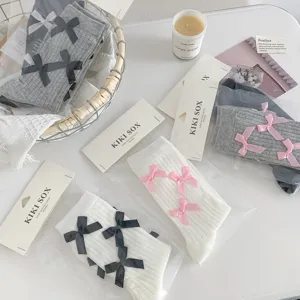 Cute bow mid-calf socks for women, sweet Japanese style Lolita casual hosiery for spring summer.