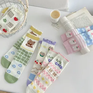 Cute cartoon mesh mid-tube cotton socks for women, breathable summer casual hosiery.