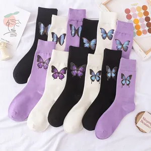 Ensemble de chaussettes mi-mollet à motif de papignon, chaussettes en coton style japonais doux.