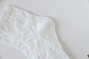 Gros plan détaillé de chaussettes Lolita blanches avec des motifs de tricot jacquard délicats.