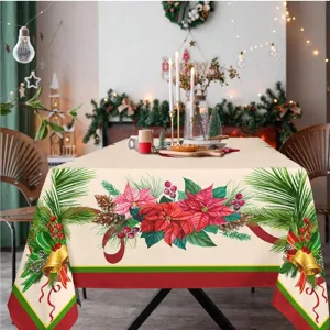 Vista detallada de un mantel navideño rectangular impermeable con flores de pascua.
