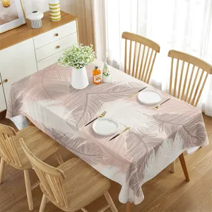 Waterproof rectangular tablecloth with summer tropical leaf pattern for home dining table decor.