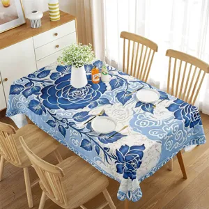 Tovaglia rettangolare con motivo floreale blu e bianco, copritavolo impermeabile per decorazioni.