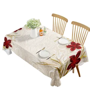 Waterproof rectangular tablecloth with spring red flowers and beige swirl pattern for home decor.
