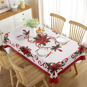 Mantel rectangular impermeable de Navidad con cinta roja y decoración de flor de pascua