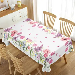 Waterproof rectangular tablecloth with fresh floral and butterfly watercolor print for home decor.
