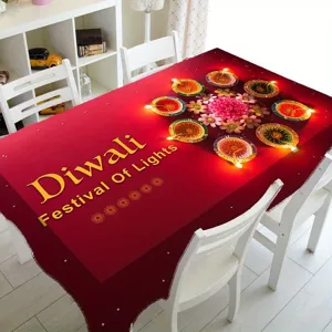 Mantel de mesa rojo rectangular impermeable Diwali con diseño de flores y velas decorativas.