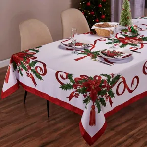 Mantel navideño rectangular impermeable con cinta roja y bonito diseño floral festivo.