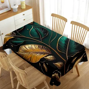 Luxe donkergroene gouden blad rechthoekige tafelkleed, waterdichte stof voor eetkamer.