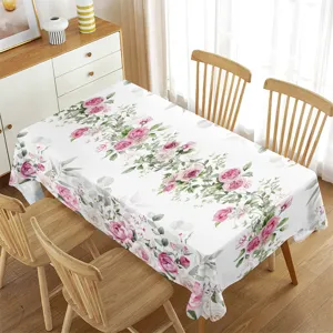 Waterproof rectangular tablecloth featuring pink watercolor roses in cozy dining room scene.