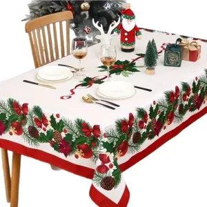 Mantel rectangular de Navidad con piñas festivas y lazos rojos decoración navideña hogar