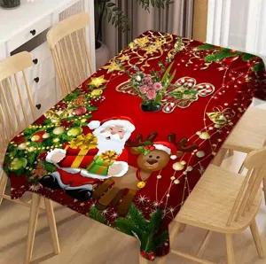 Mantel rectangular impermeable de Navidad con papá Noel y reno para decoración festiva.