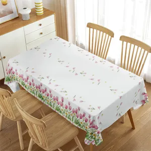 Elegant waterproof rectangular tablecloth featuring pink tulips and daisies for home decoration.