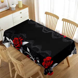 Waterdichte rechthoekige tafelkleed met rode roos en zwarte kantprint voor eetkamerdecoratie.