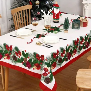 Vista detallada de mantel rectangular impermeable navideño, diseño festivo con piñas de pino.