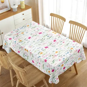 Waterproof rectangular tablecloth featuring fresh watercolor floral botanical pattern.