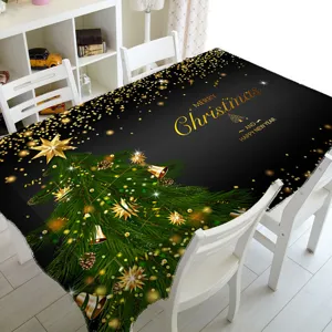 Mantel de Navidad detalle escena, patrón de árbol brillo oro negro decoración festiva.