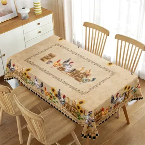 Waterproof rectangular tablecloth with rustic rooster and sunflower pattern for dining table.