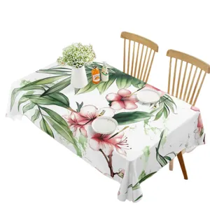 Waterproof rectangular tablecloth with summer green leaves and pink flowers, ideal for home decor.
