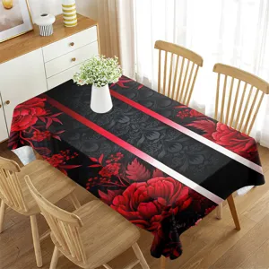 Elegante tovaglia nera e rossa con fiori di rose e strisce moderne per sala da pranzo.