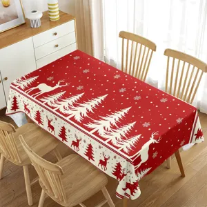 Tovaglia di Natale rossa con alberi bianchi e motivi di renne per una decorazione festiva.
