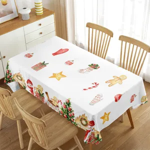Mantel de mesa rectangular impermeable navideño con lindos motivos de muñeco de nieve y árboles.