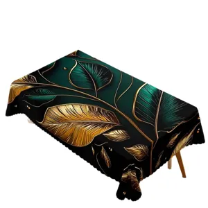 Elegante waterdichte rechthoekige tafelkleed met donkergroene en gouden bladprint.