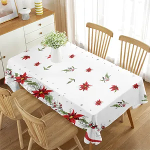 Tovaglia rettangolare di Natale con stampa di Poinsettia rossa e foglie di agrifoglio.